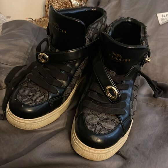 Coach Women's black grey Signature Ray Outline High Top Fashion Sneaker size 6B - Picture 6 of 10